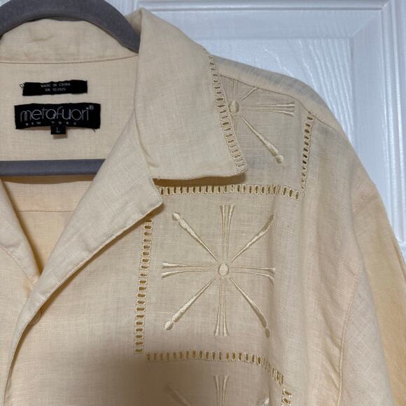 Metafuori Men's 100%Linen Light Yellow Embroidered Button Down Shirt Size Large - Picture 5 of 14